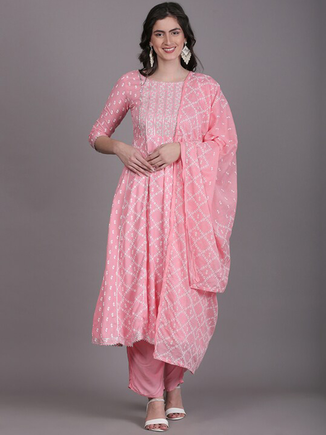 TOULIN Boat Neck Floral Printed Anarkali Kurta With Palazzos & Dupatta