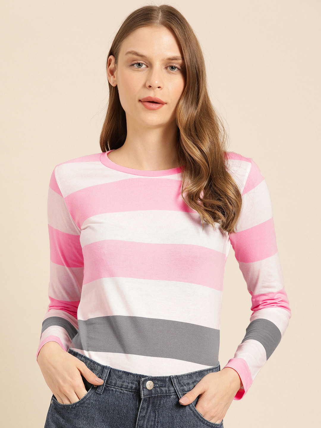 Pink Striped Long Sleeve Round Neck 