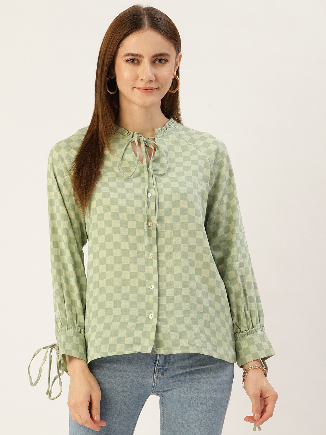 Madame Checked Tie-Up Neck Shirt Style Top