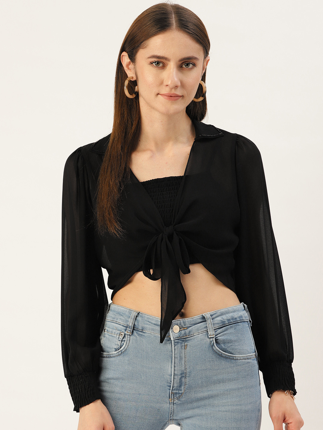 Madame Smocked Tie-Up Detailed Crop Top