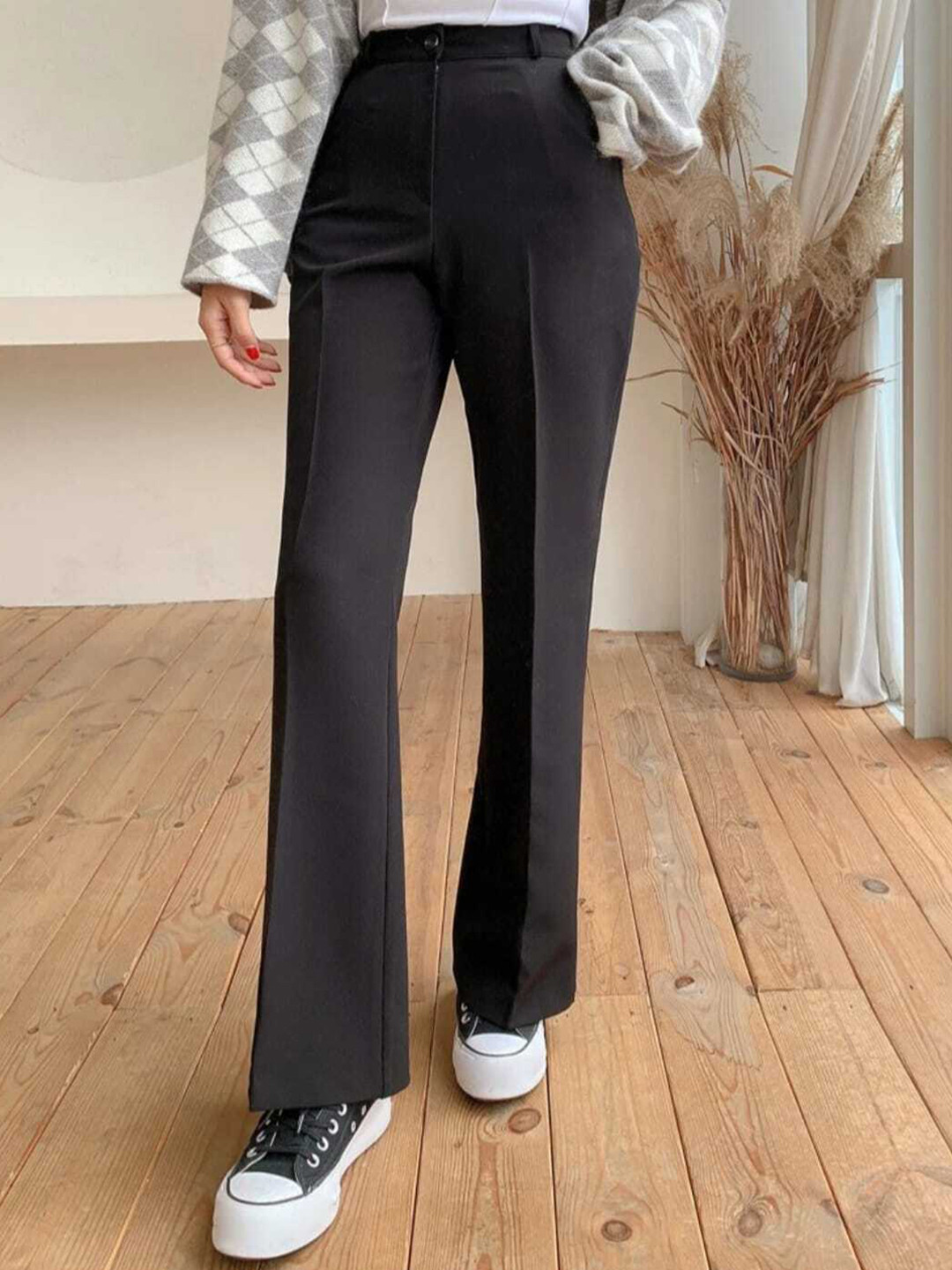 BROADSTAR Women Classic Loose Fit Bootcut High-Rise Easy Wash Trousers