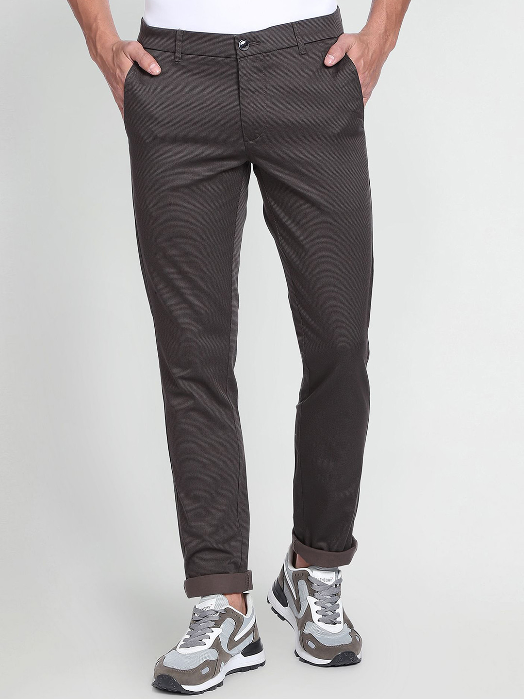 Arrow Sport Men Low-Rise Micro Check Slim Fit Casual Trousers