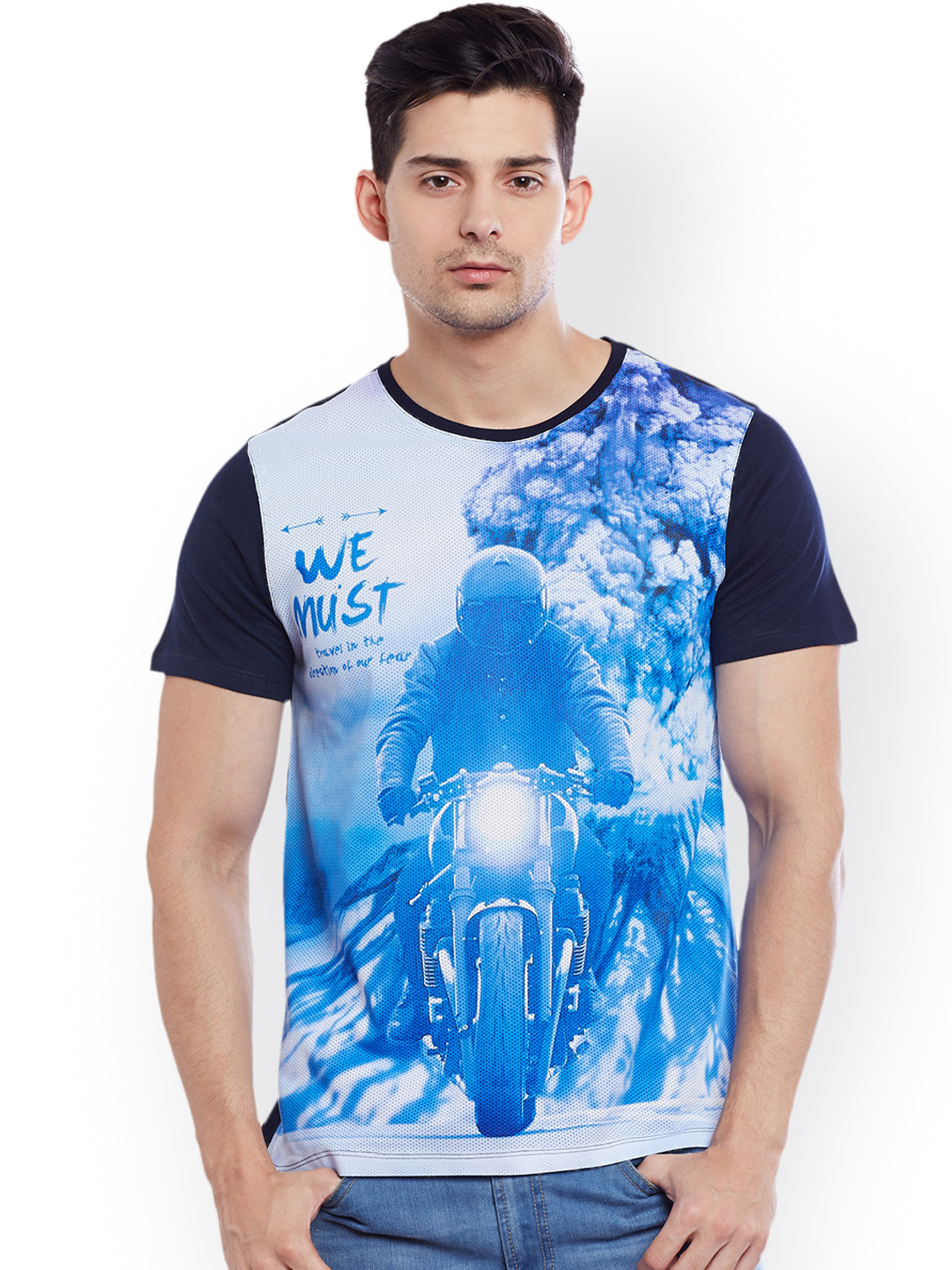 Wear Your Mind Men Blue Printed Round Neck T-shirt