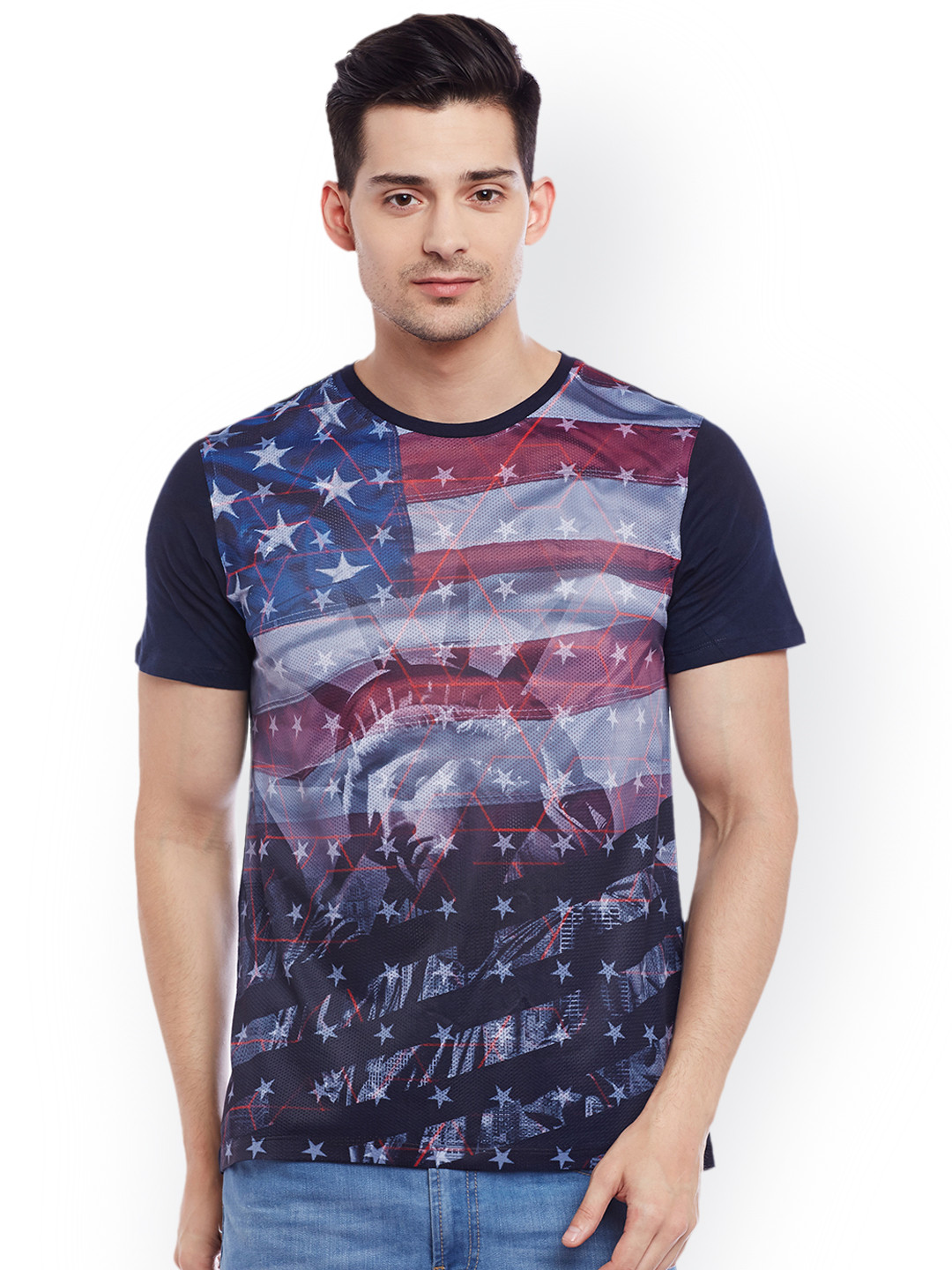 Wear Your Mind Men Blue Printed Round Neck T-shirt