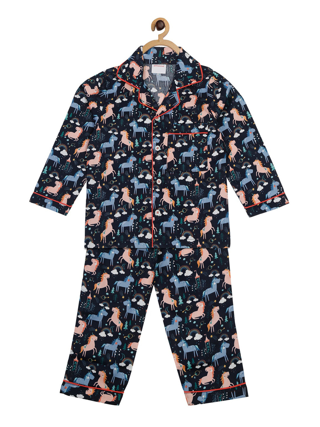 Hippodrome Kids Blue Unicorn Rainbow Printed Cotton Full Sleeves Night Suit