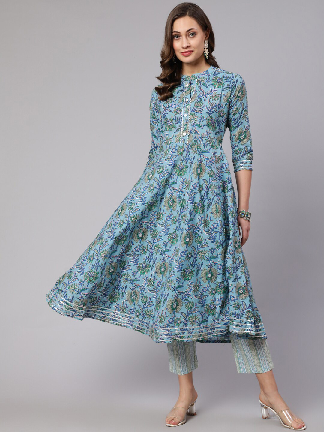 GLAM ROOTS Band Collar Floral Printed Gotta Patti Pure Cotton A-line Kurta With Trousers