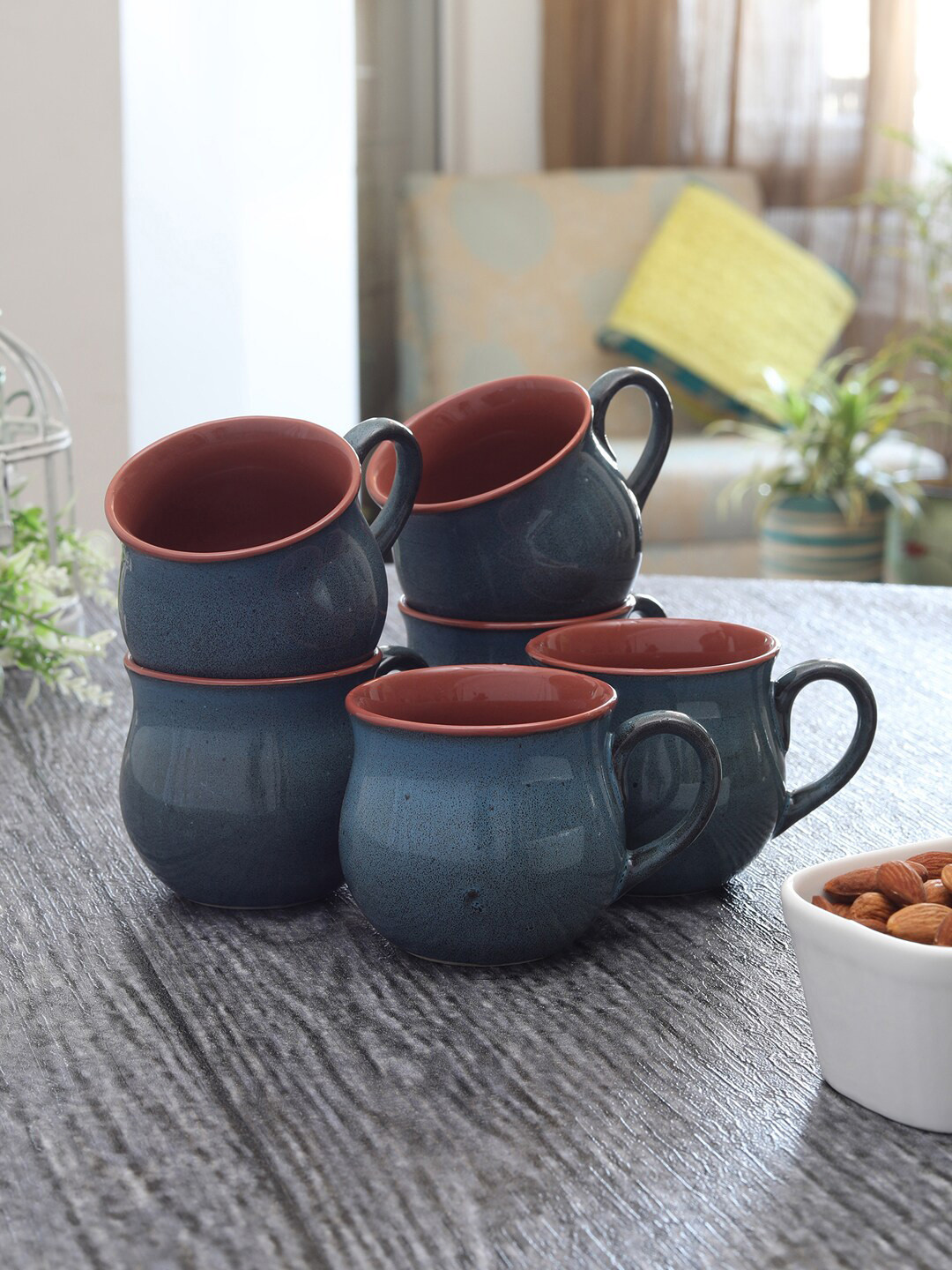 MIAH Decor Teal & Rust 6 Pcs Solid Ceramic Glossy Cups 170 ml Each
