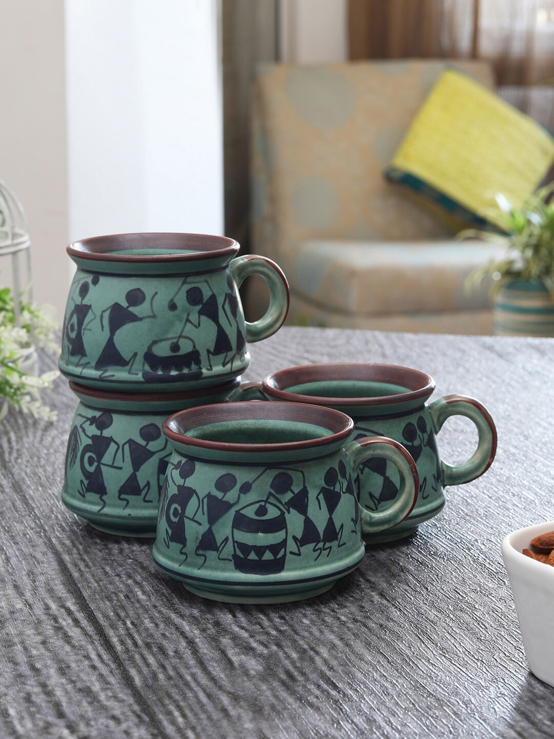 MIAH Decor Lakshit Name Personalised Green Ethnic Motifs Ceramic Handmade 4 Piece Mugs-200ml