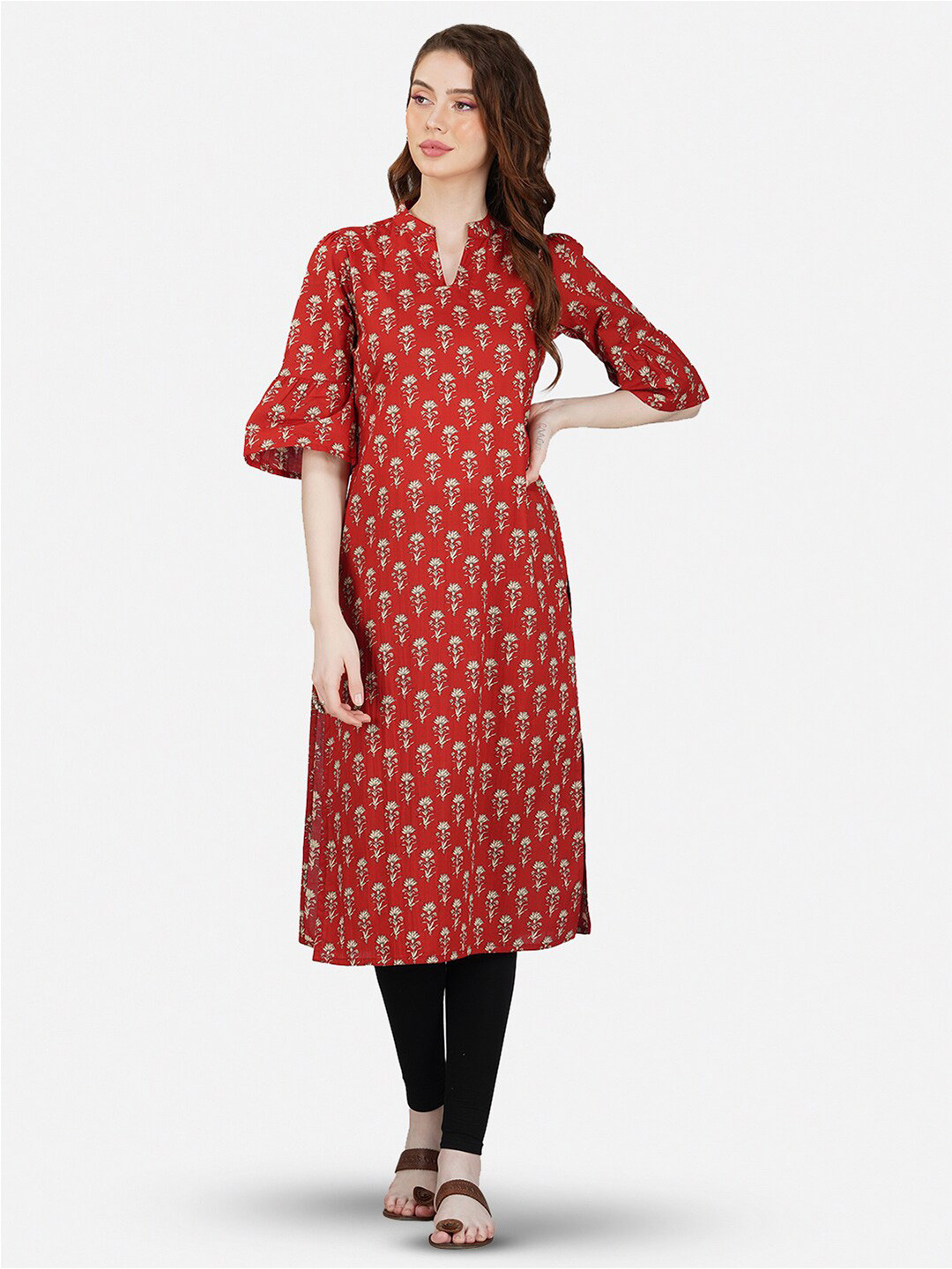 GULAB CHAND TRENDS Mandarin Collar Bell Sleeves Floral Printed Straight Cotton Kurta
