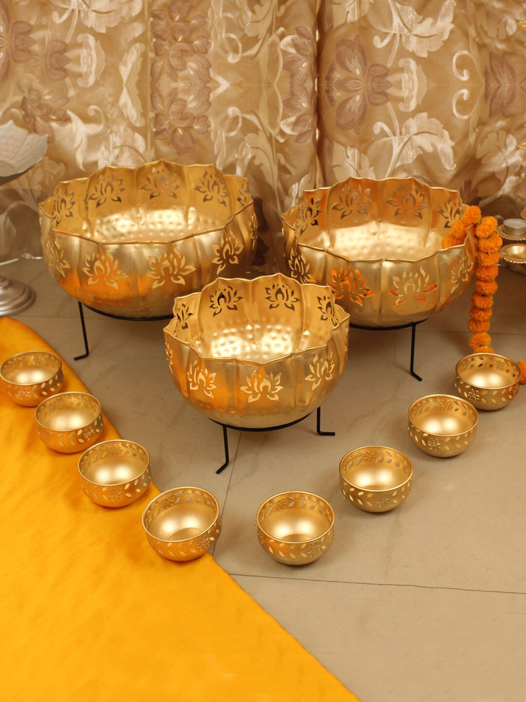 TIED RIBBONS Gold Toned 11 Pcs Lotus Urli Decorative Bowls with Stand