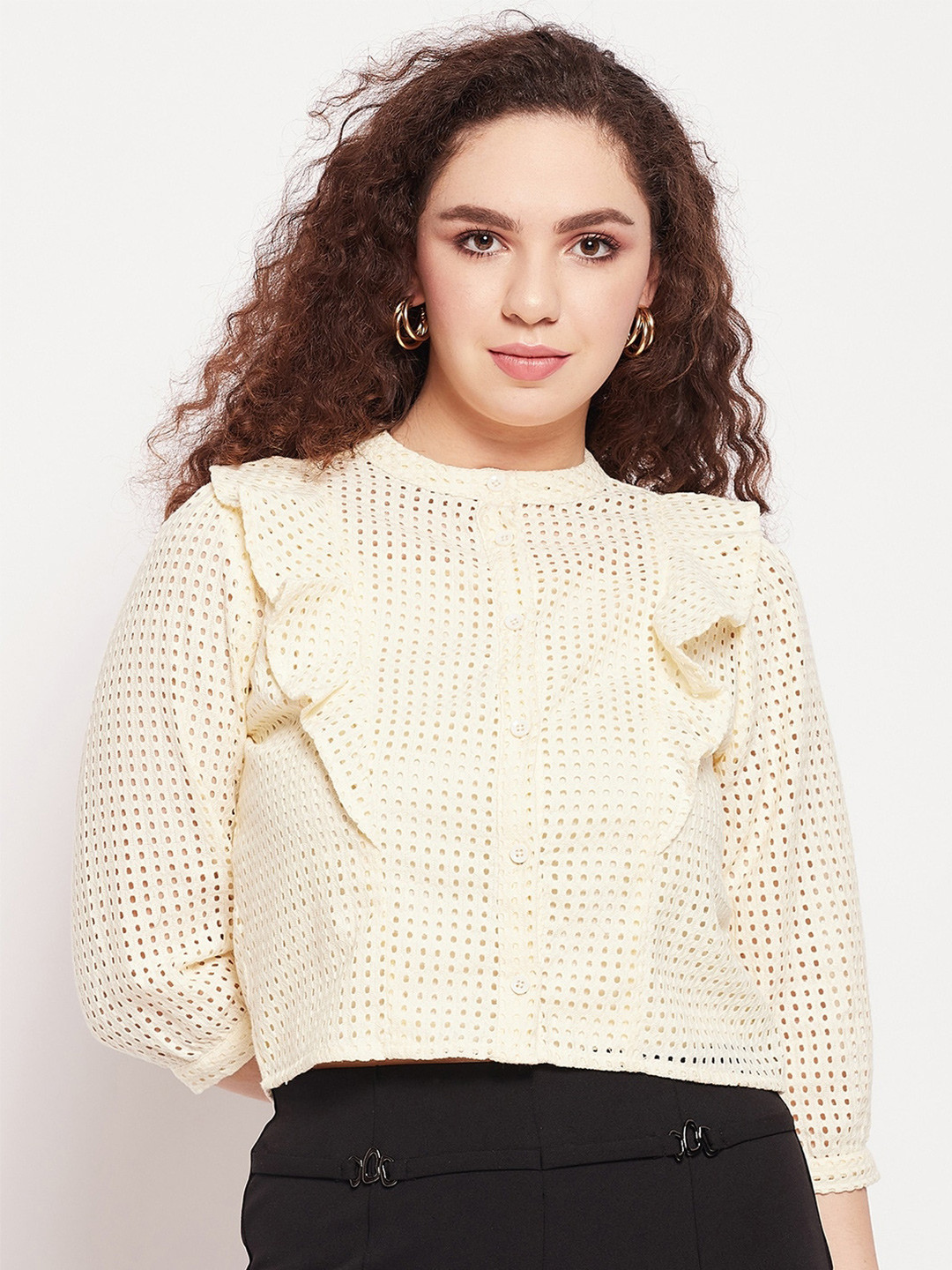 Madame Women Band Collar Self Design Ruffles Casual Shirt With Slip