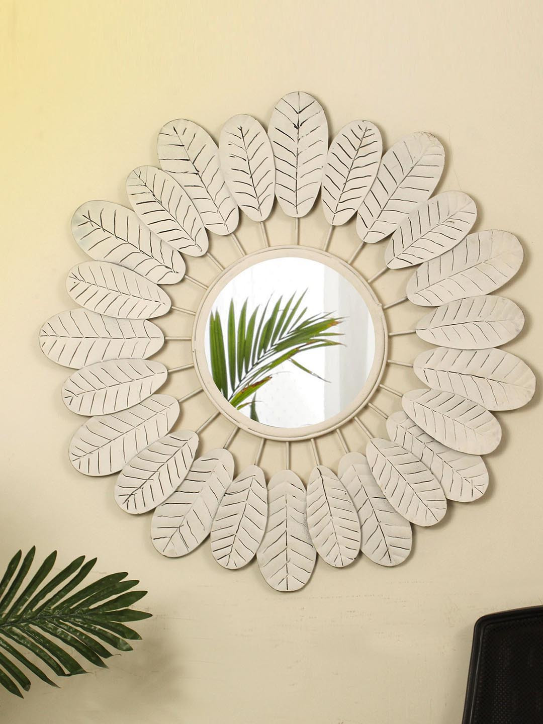 TIED RIBBONS Beige Textured Decorative Leaf Framed Metal Wall Mirror