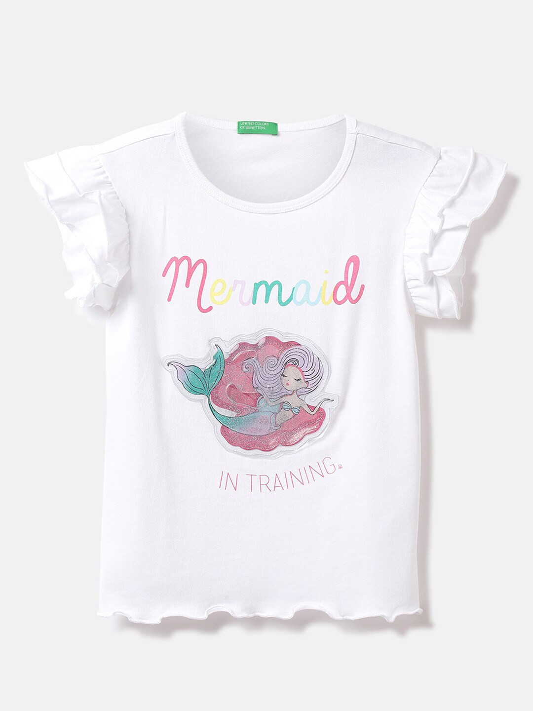 United Colors of Benetton Girls Graphic Printed Layered Sleeves Cotton Top