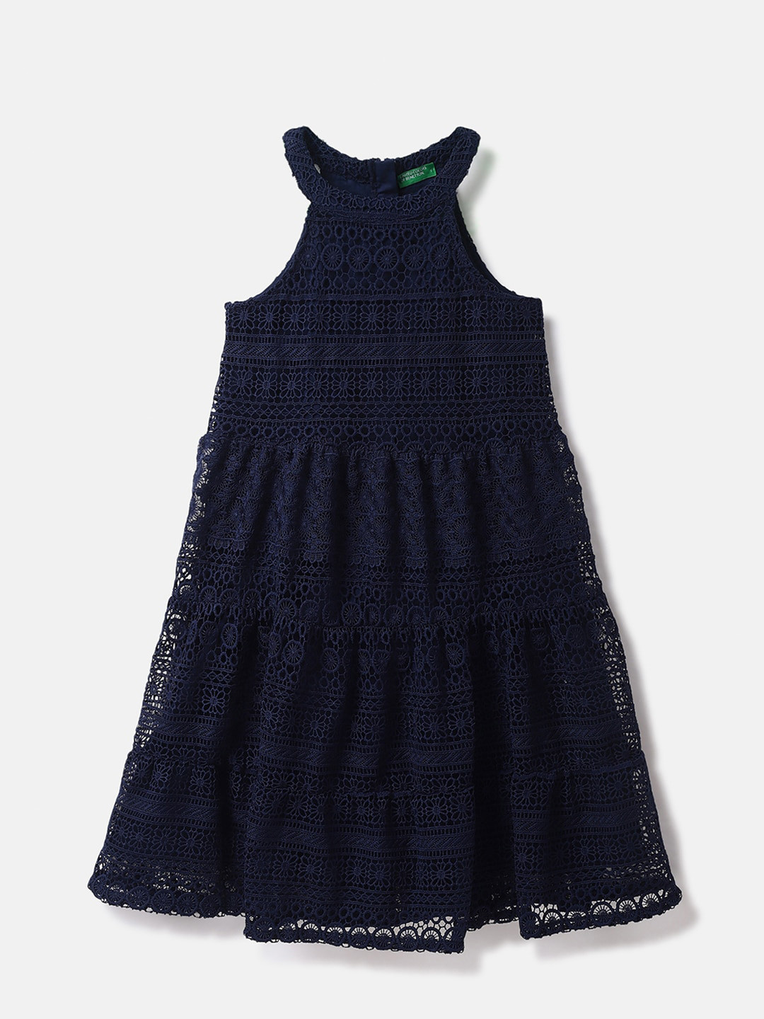 United Colors of Benetton Girls Lace Inserted Halter Neck Cotton A-Line Dress