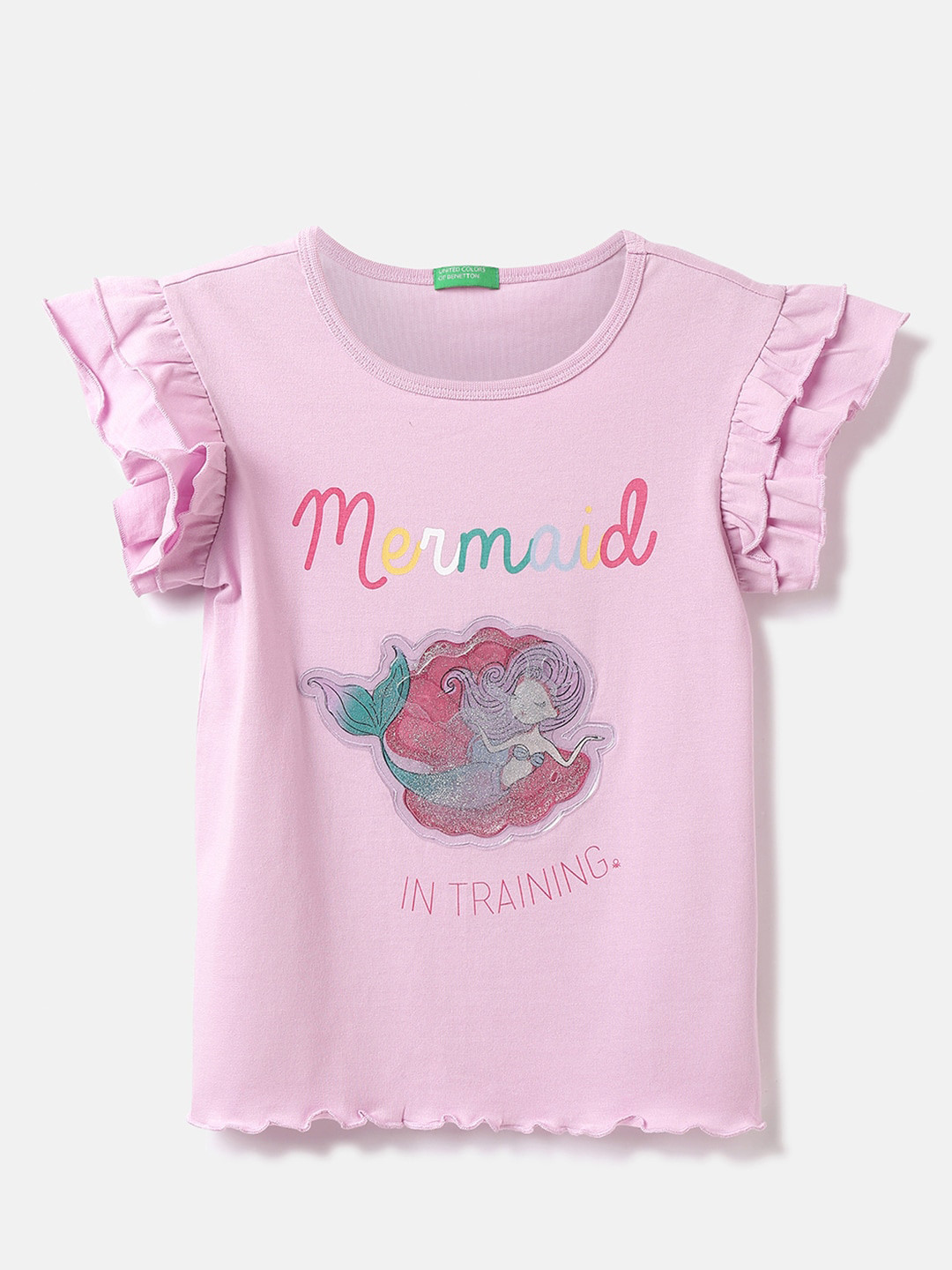 United Colors of Benetton Girls Typography Printed Layered Sleeves Applique Cotton T-shirt