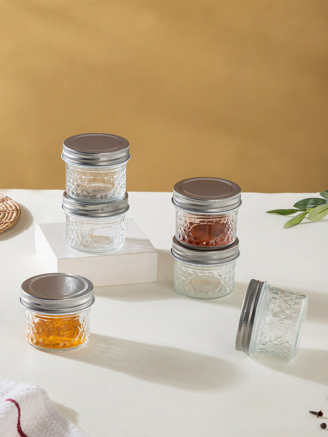 Nestasia 6 Pcs Transparent Textured Mason Small Glass Jar with Lid 120 ml Each