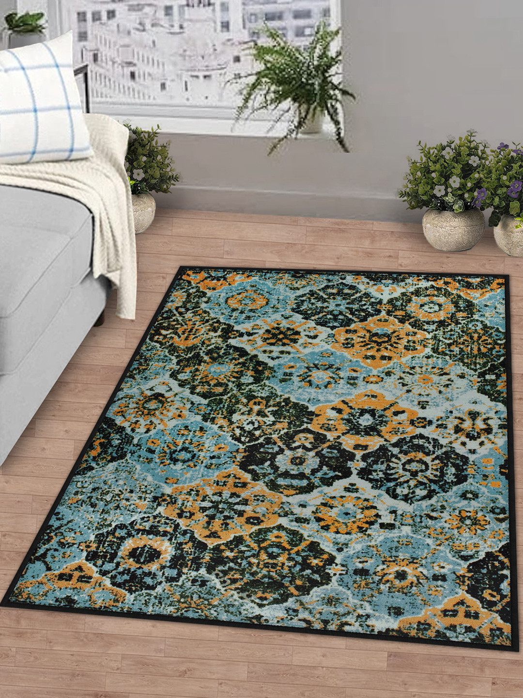 Story@home Blue & Black Printed Anti-Skid Carpets