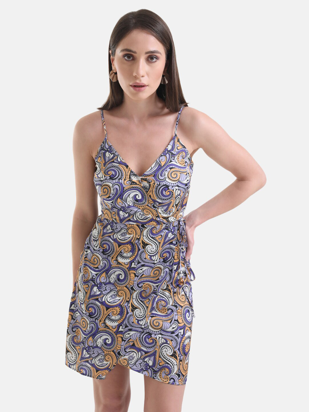 Kazo Shoulder Straps Abstract Printed Wrap Mini Satin Dress