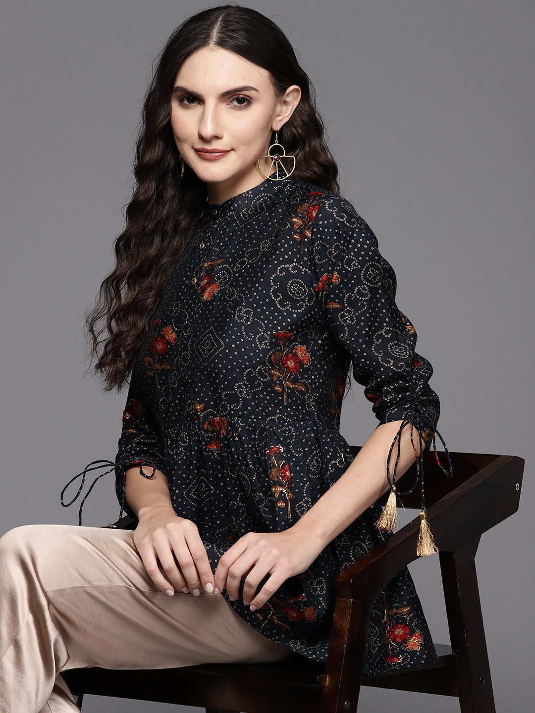 Indo Era Floral Print Mandarin Collar Longline Top