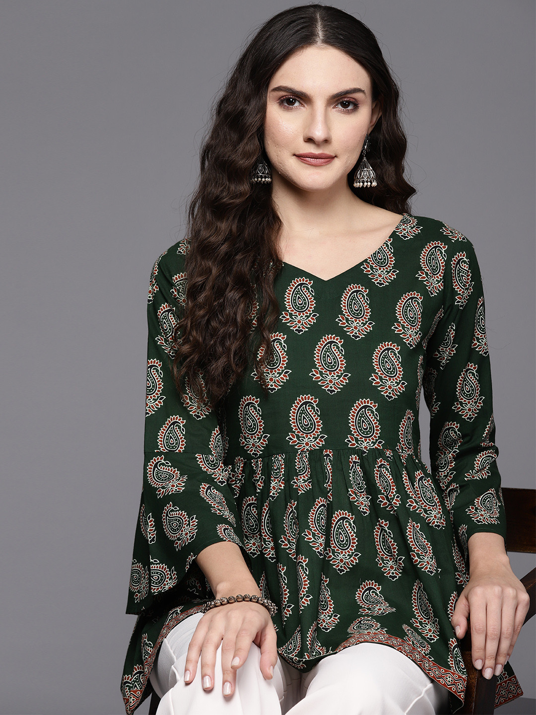 Indo Era Ethnic Print Bell Sleeves Ethnic Longline Top