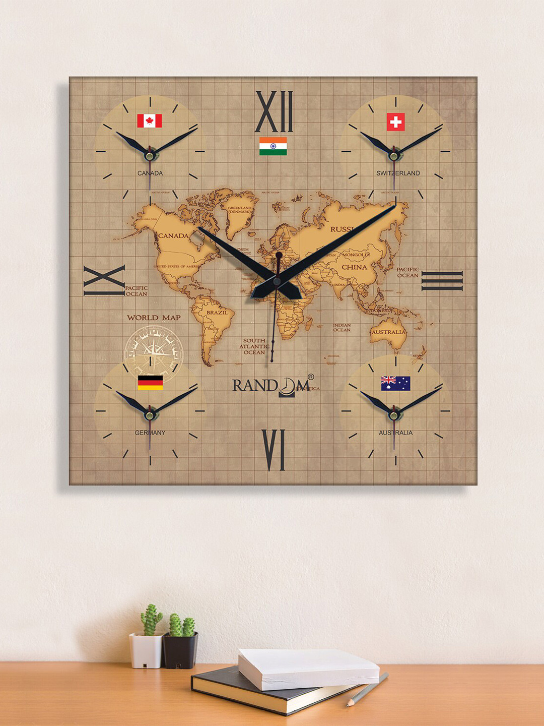 RANDOM World Map Brown Wood Large Display Square Battery Analogue Wall Clock-36cm