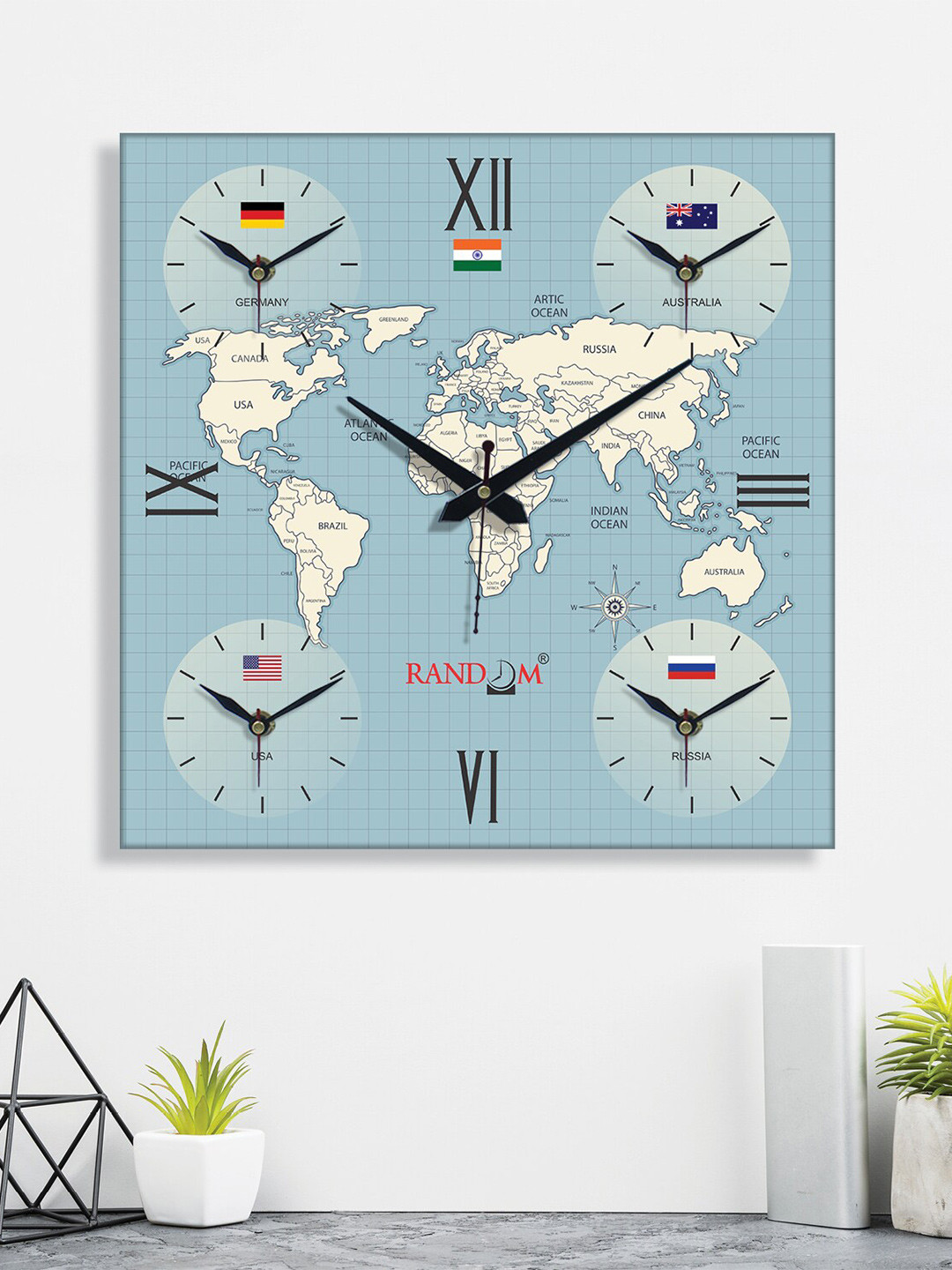 RANDOM Blue Wood Large Display Square Battery Analogue Wall Clock-36cm