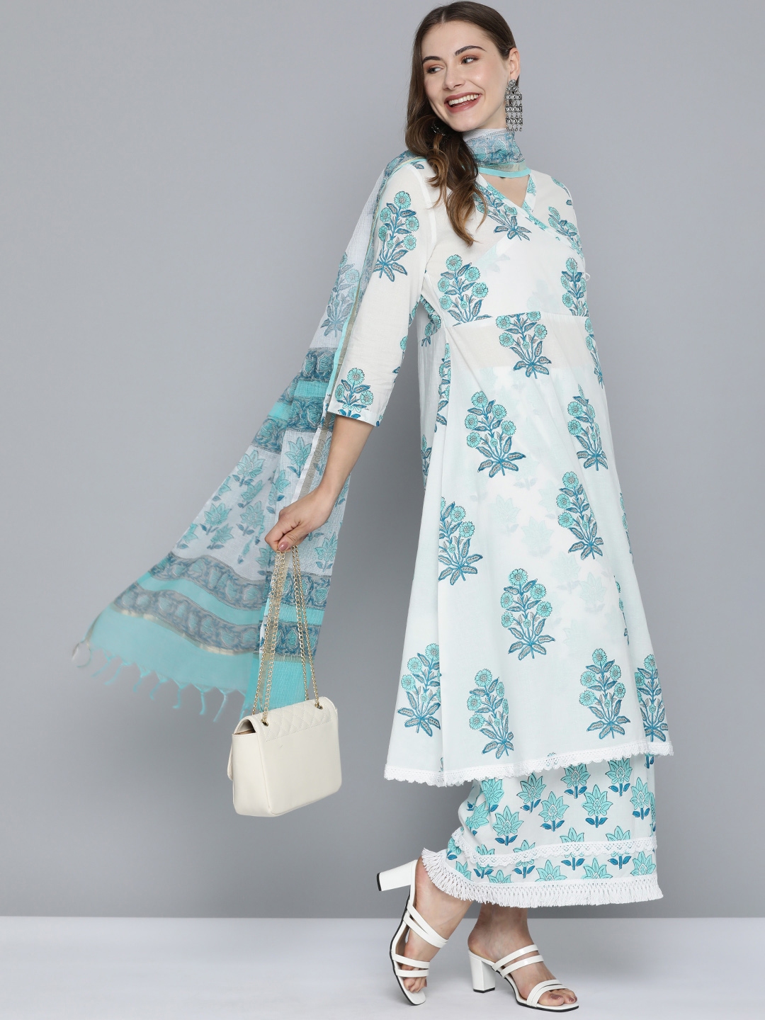 HERE&NOW Women Floral Printed Angrakha Pure Cotton Kurta with Palazzos &  With Dupatta