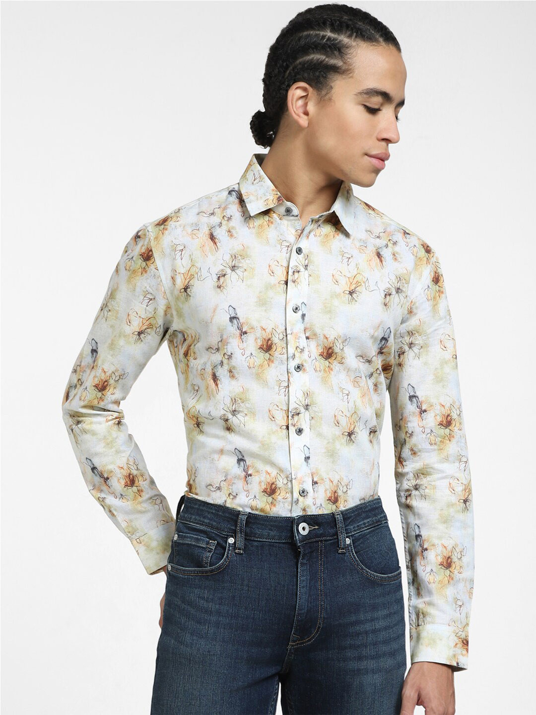 Jack & Jones Spread Collar Floral Printed Cotton Casual Shirt
