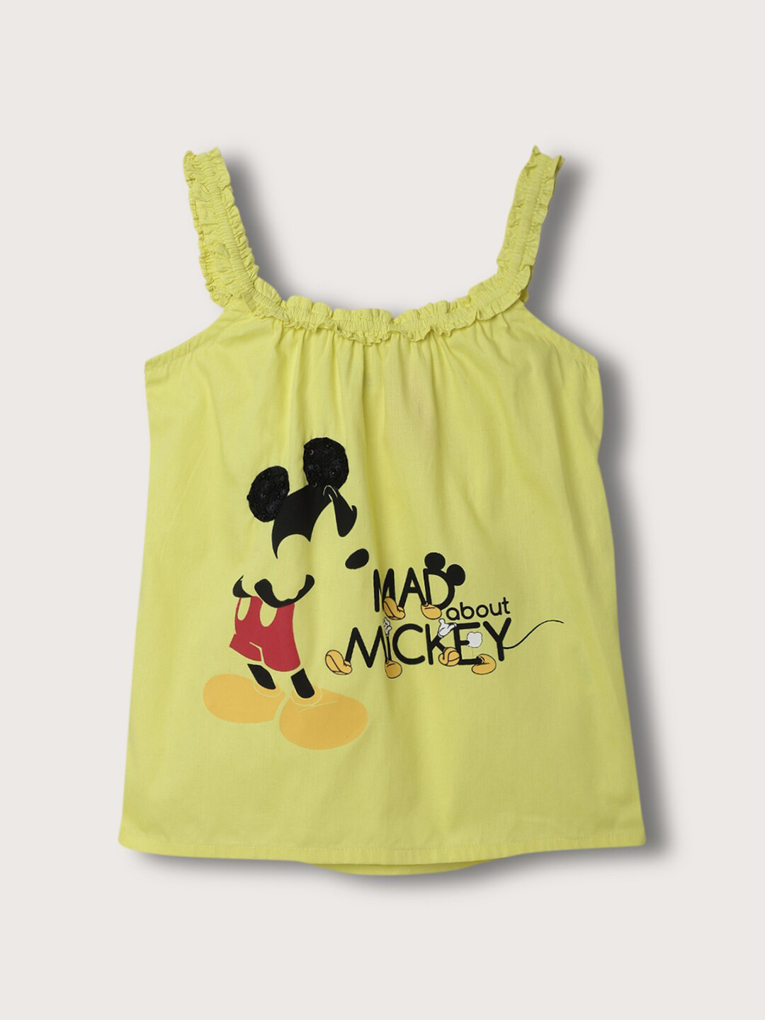 Blue Giraffe Girls Mickey Mouse Printed Ruffled Sleeveless Pure Cotton T-shirt