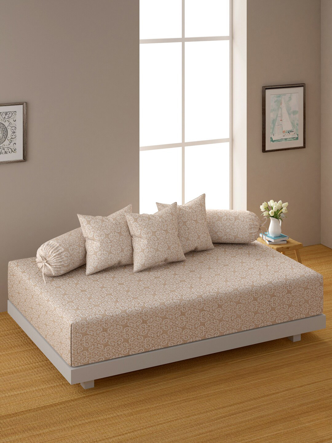 Swayam Beige 6 Pieces Mirage Moroccan Motif 210 TC Pure Cotton Diwan Set