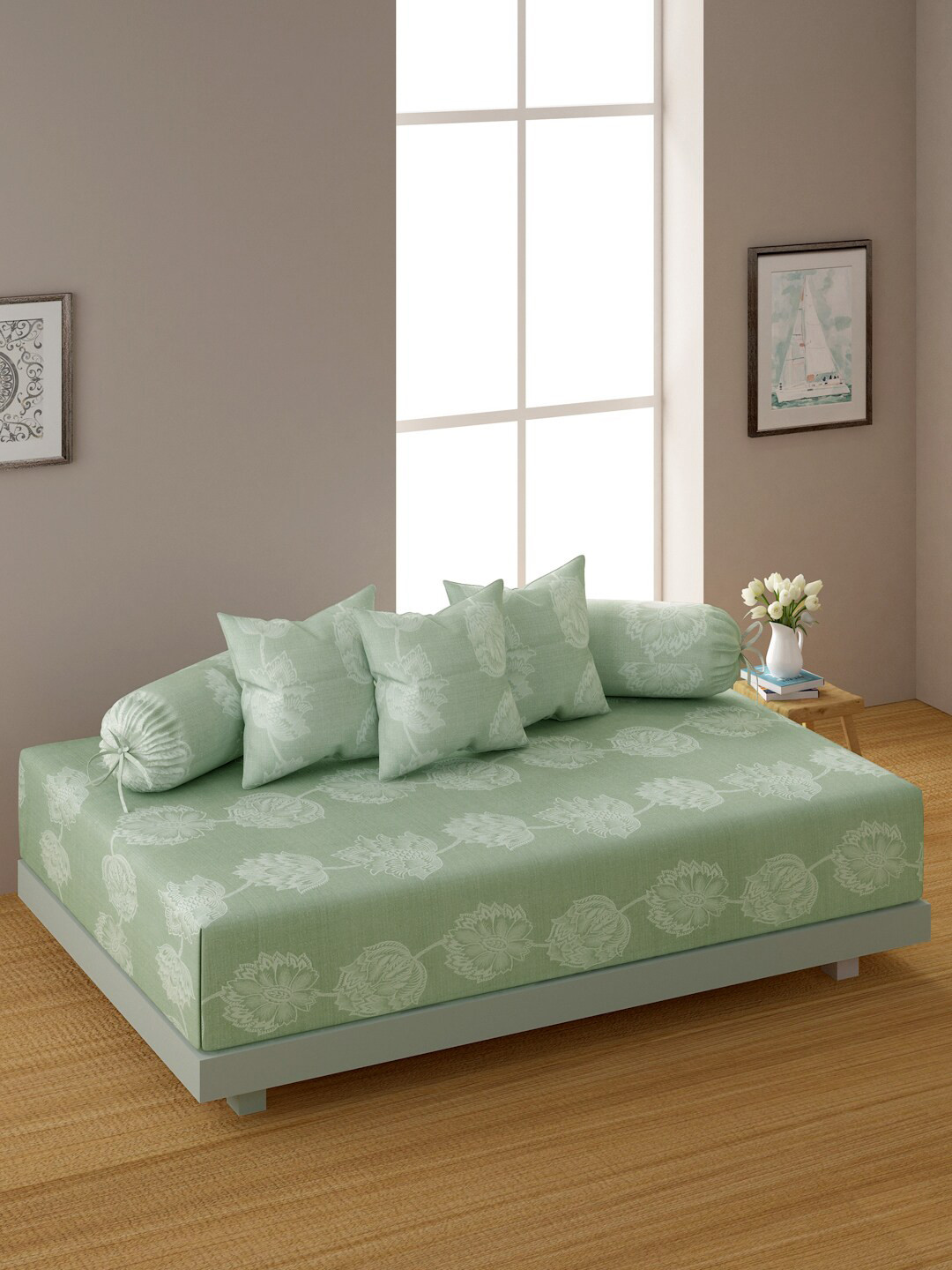 Swayam Whispering Willow 6Pc Green Floral 200TC Cotton Diwan Set with Cushion & Bolster