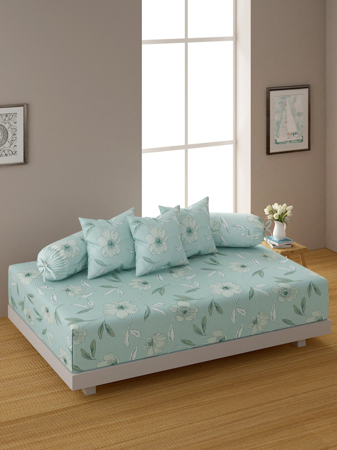 Swayam Mint Green 6 Pieces Floral 200TC Cotton Diwan Set With Cushion & Bolster Covers