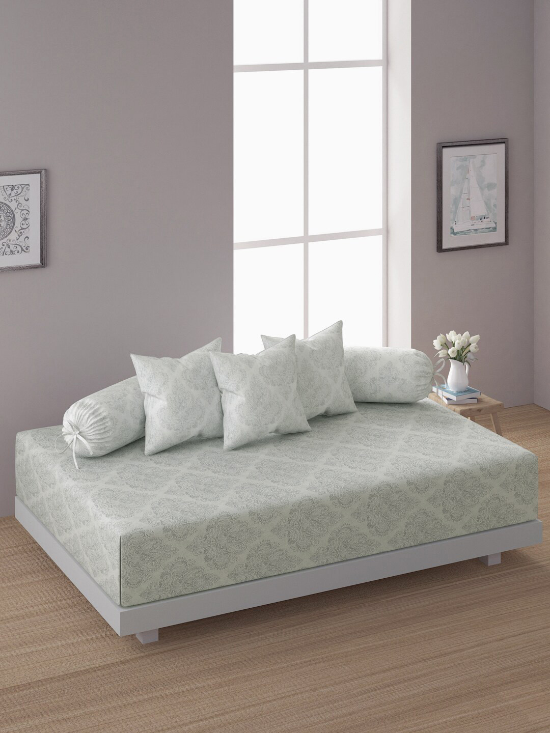 SWAYAM 6 Piece White & Grey Printed Pure Cotton 240 TC Diwan Set