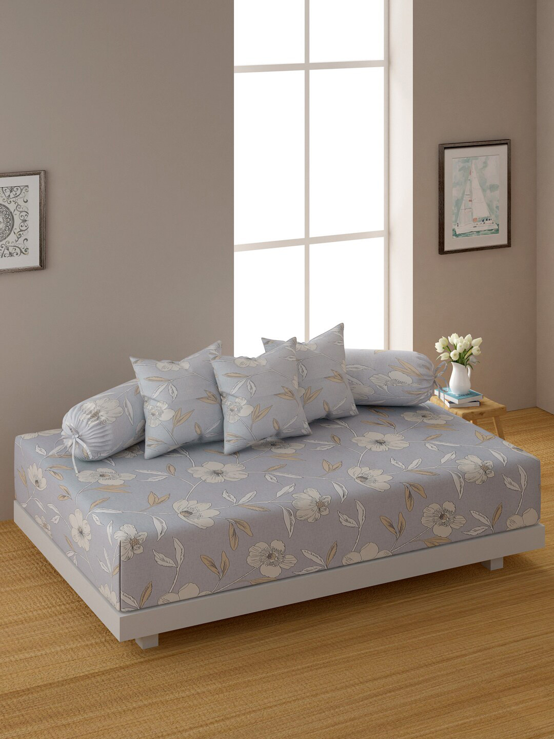 Swayam Pastel Vogue 6PC Diwan Set, Soft Grey Floral 200TC Cotton, Cushion & Bolster Covers