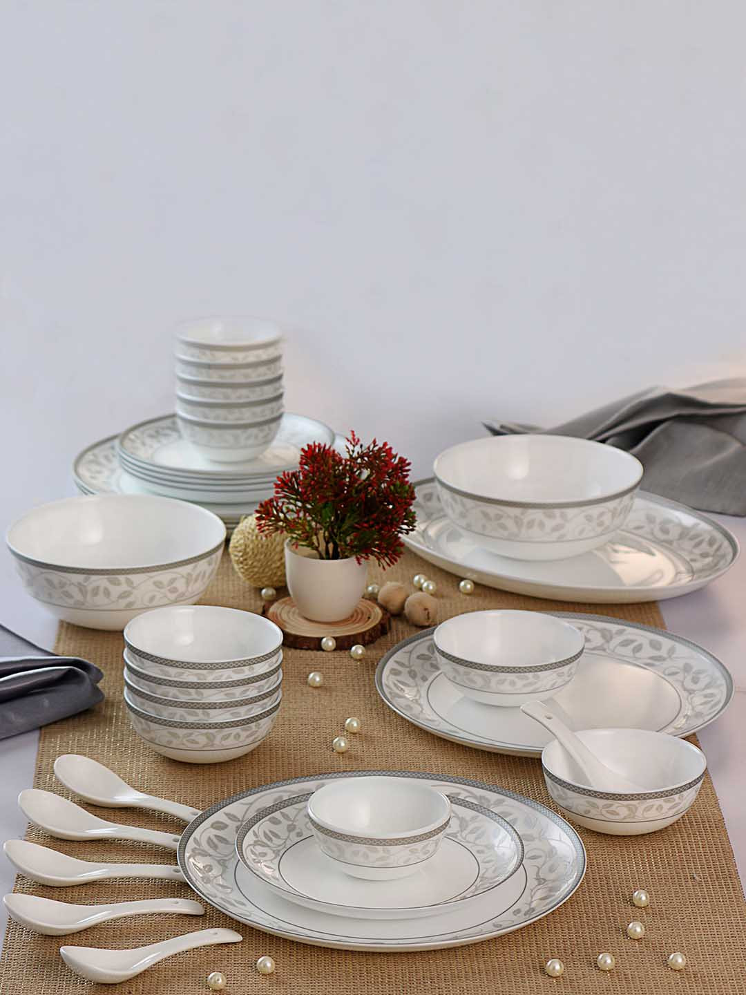 Cello Divine Series Silver Divine Series White Leaf Opalware Dishwasher and Microwave Safe 33 Piece Dinner Set