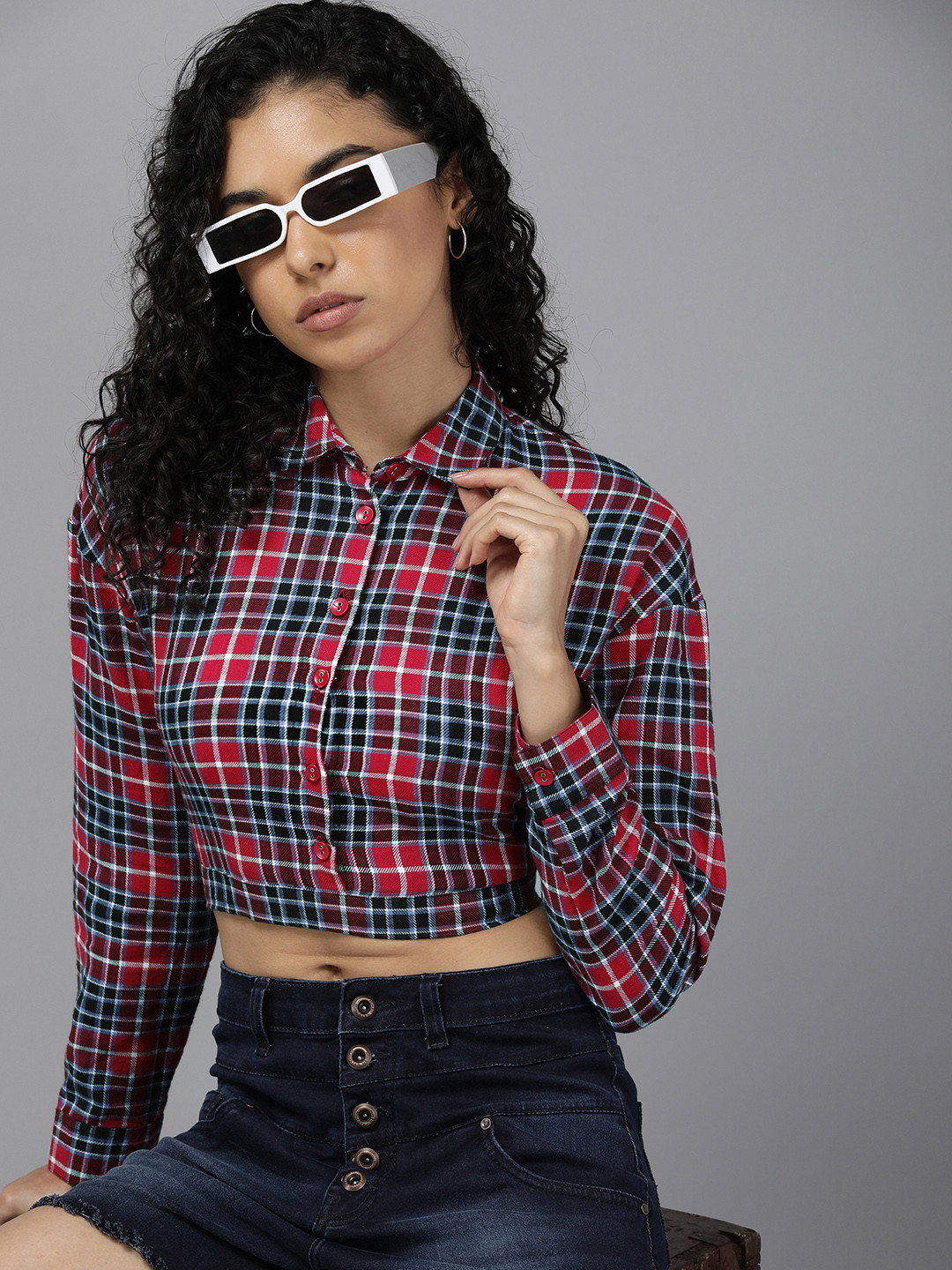 Roadster Checked Cotton Shirt Style Crop Top