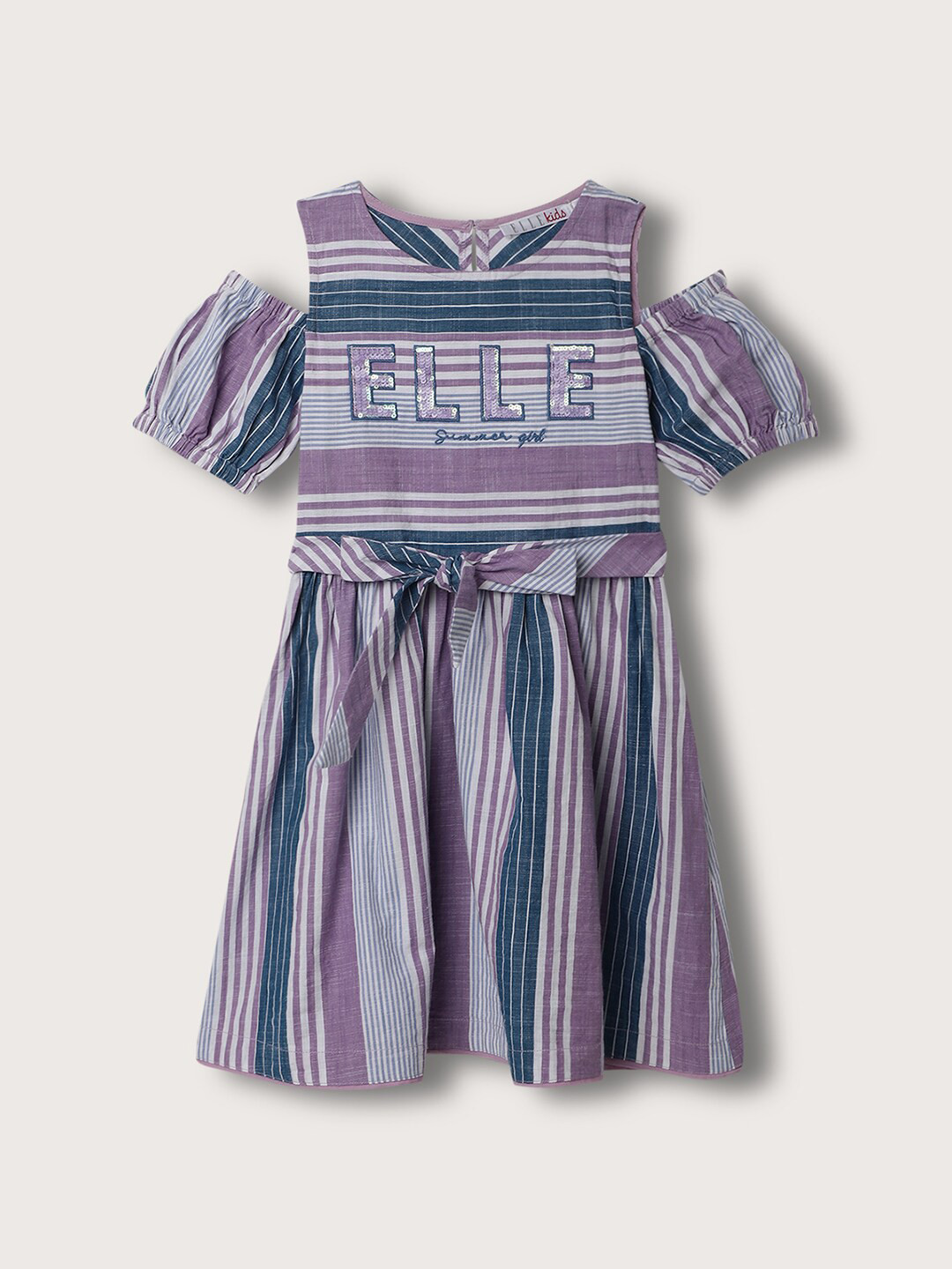ELLE Striped Cold-Shoulder Sleeves Belted Pure Cotton Fit & Flare Dress