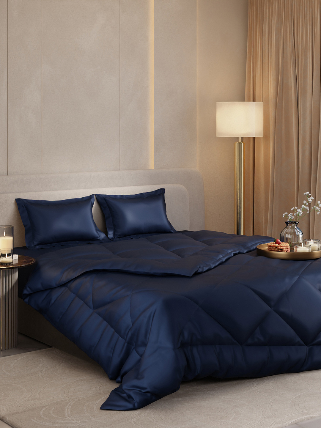 Stoa Paris Date Night Navy Blue AC Room 150 GSM Double Bed Satin Comforter