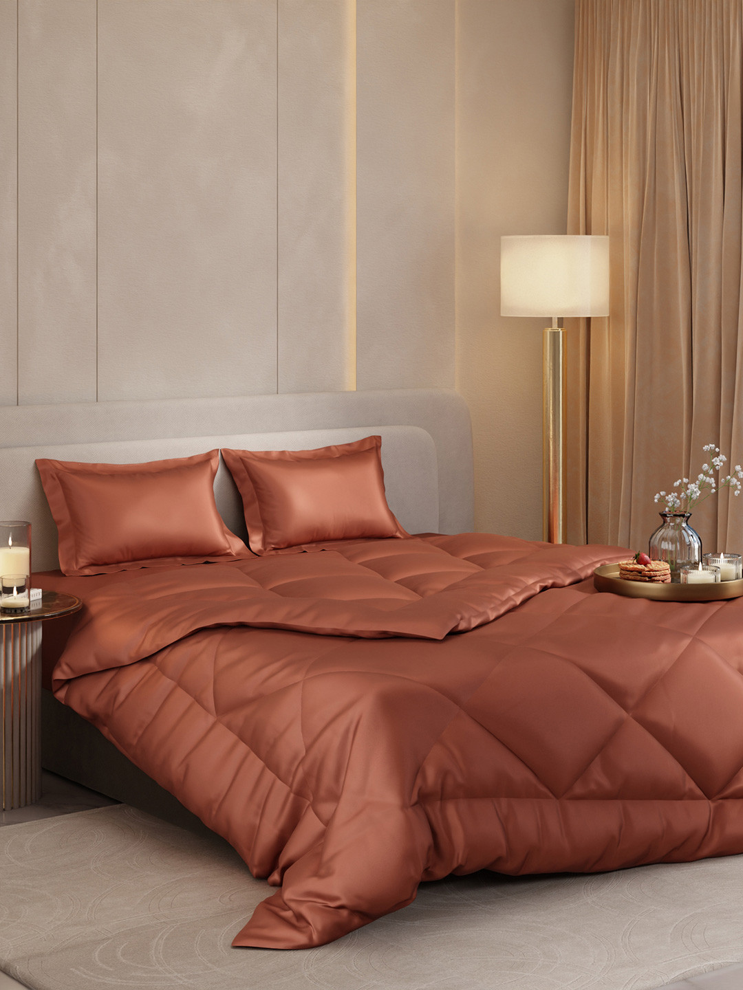 Stoa Paris Date Night Camel Brown AC Room 150 GSM Double Bed Satin Comforter