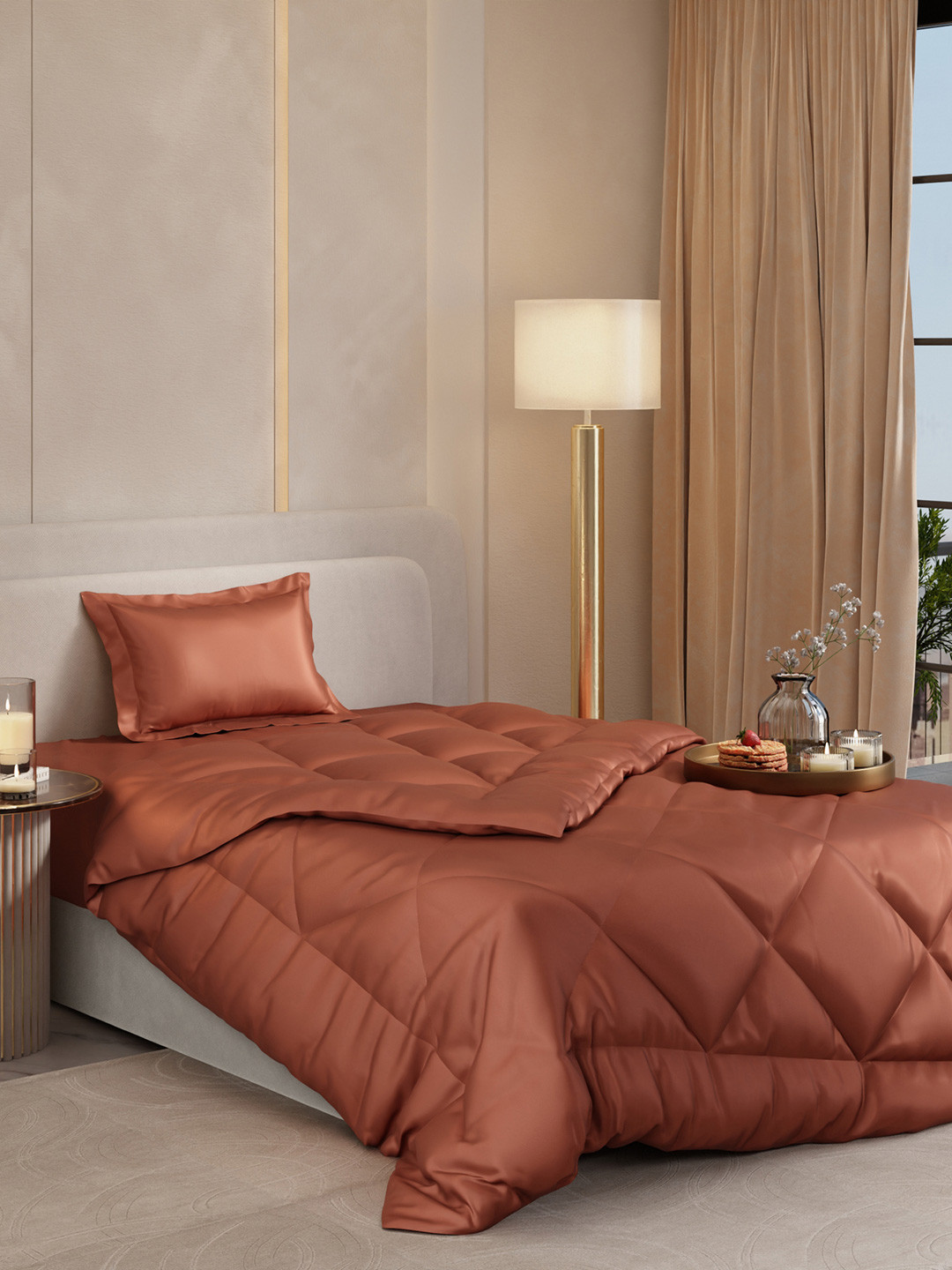 Stoa Paris Date Night Camel Brown AC Room 150 GSM Single Bed Satin Comforter