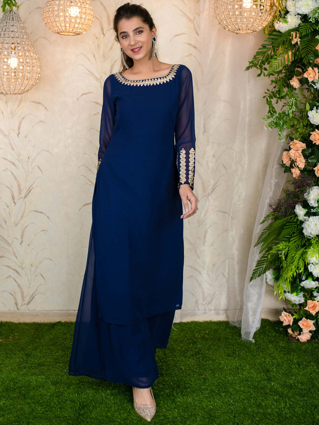 Label Shaurya Sanadhya Embroidered Boat Neck Kurta with Palazzos