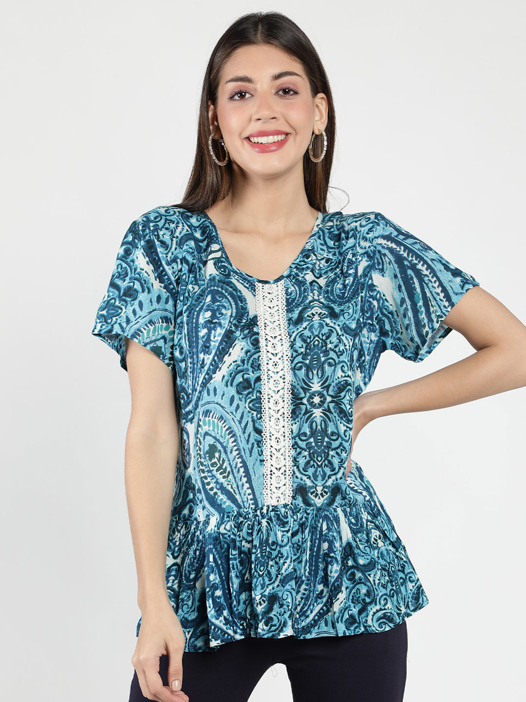 DEBONATELLA Ethnic Motifs Printed Lace Inserted Crepe Peplum Top