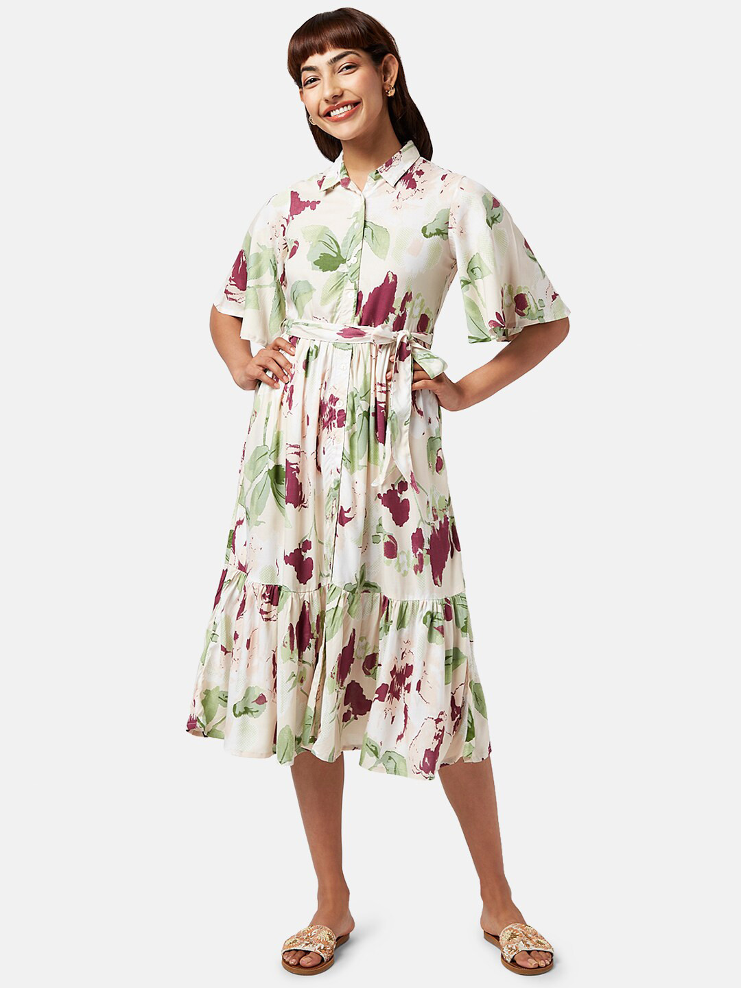 AKKRITI BY PANTALOONS Abstract Printed Belted Flounce Shirt Midi Dress