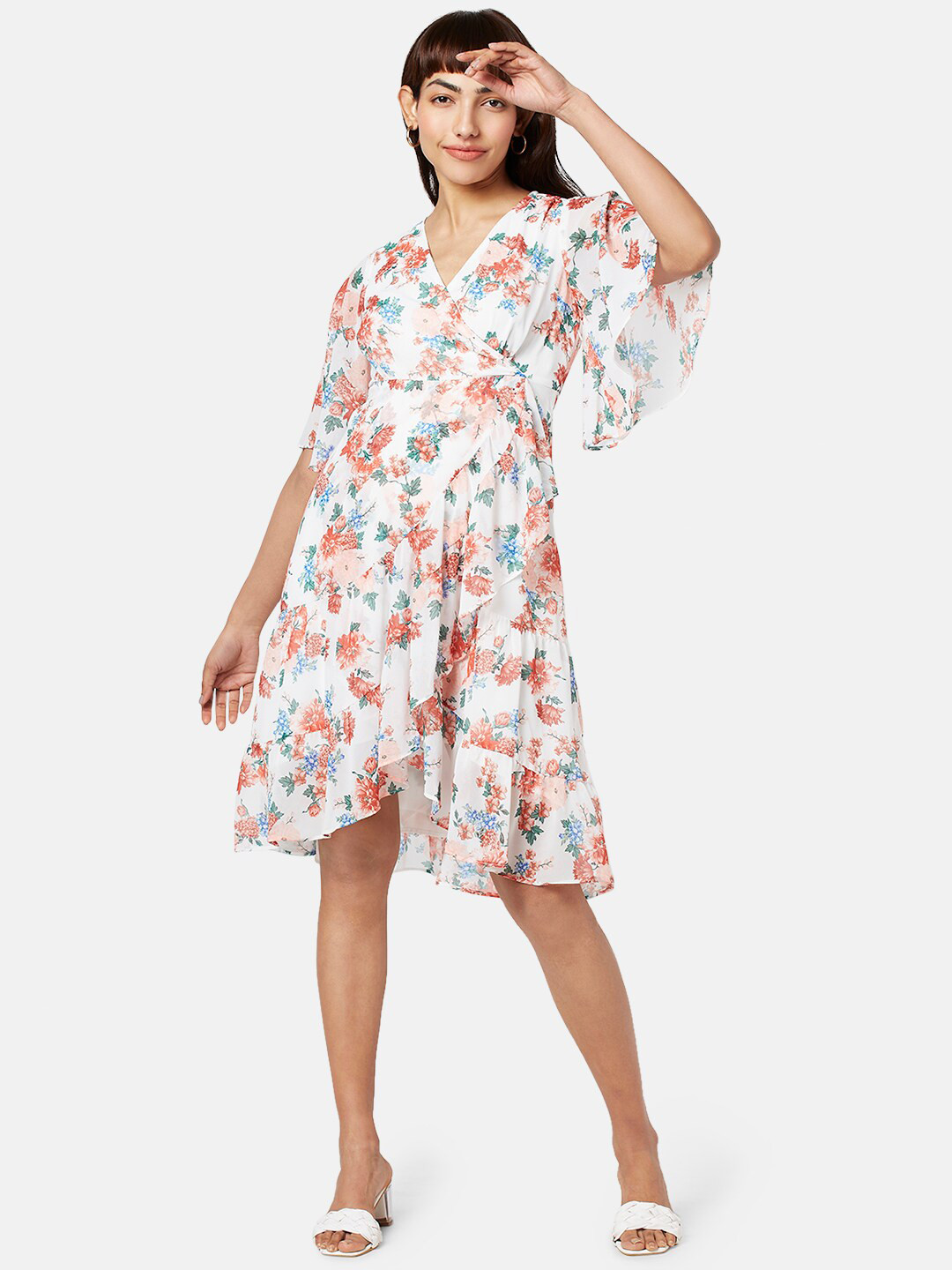 Honey by Pantaloons V-Neck Gathered Flared Sleeves Floral Printed Wrap Dress