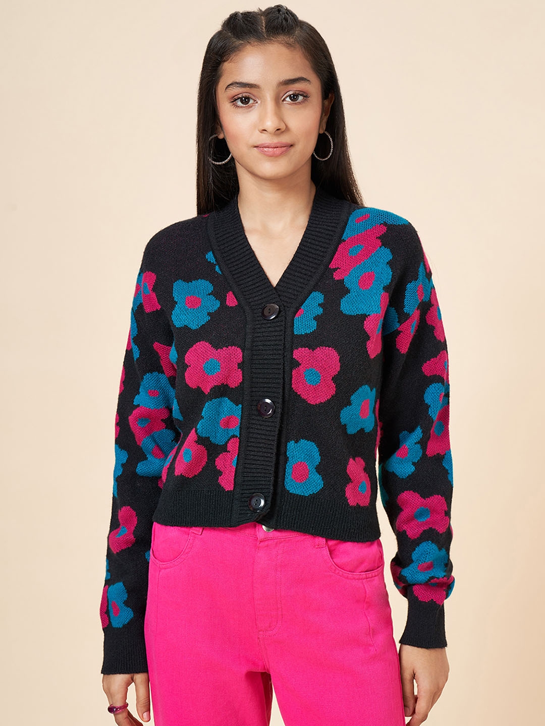 Coolsters by Pantaloons Girls Floral Self Design Crop Cardigan