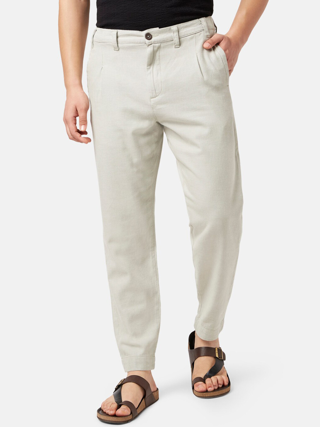 7 Alt by Pantaloons Men Cream-Coloured Textured Trousers