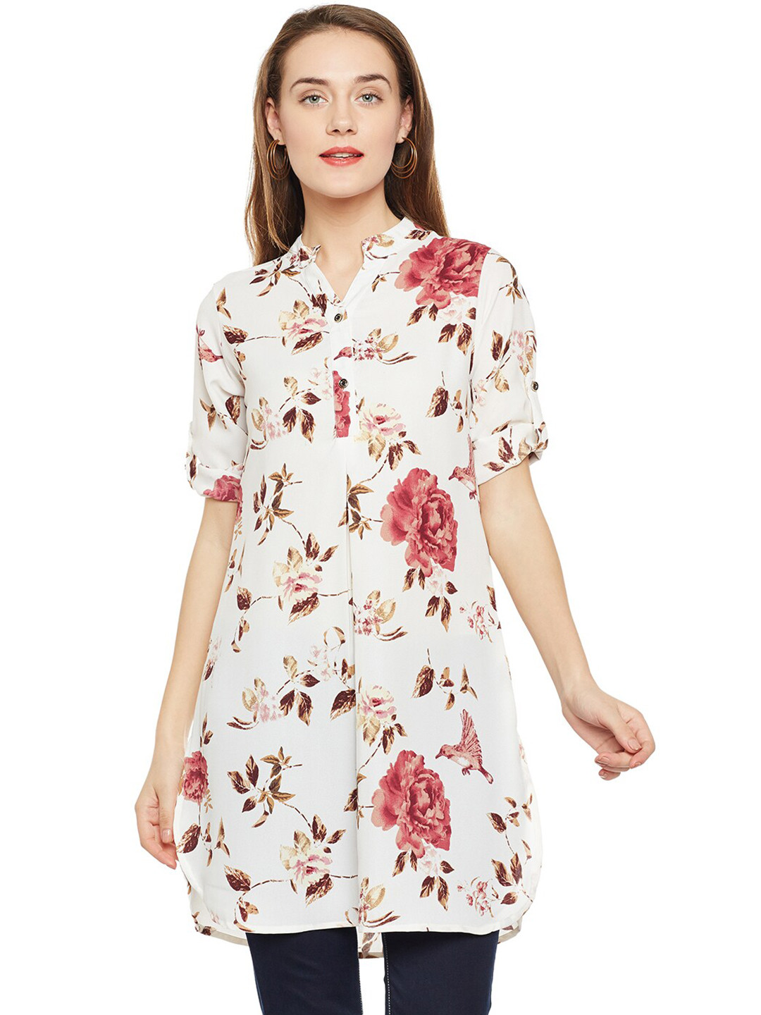 Ruhaans Floral Printed Pure Georgette Roll-Up Sleeves Straight Kurti