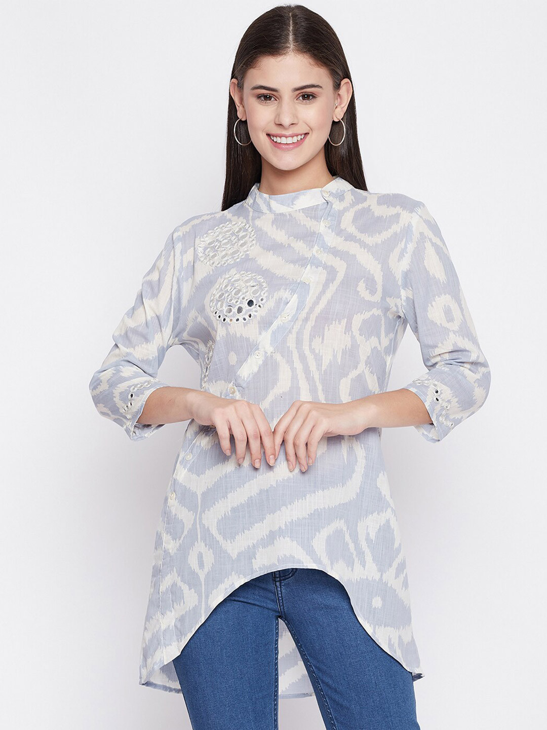Ruhaans Abstract Print Mirror Work Longline Top