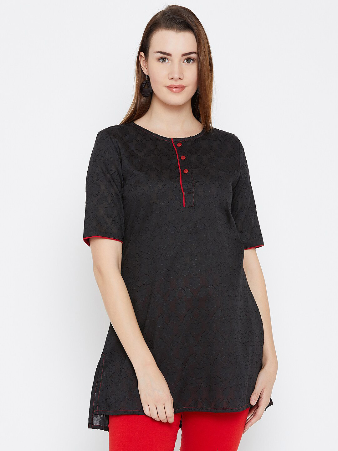 Ruhaans Self Design Pure Cotton Boat Neck Straight Kurti