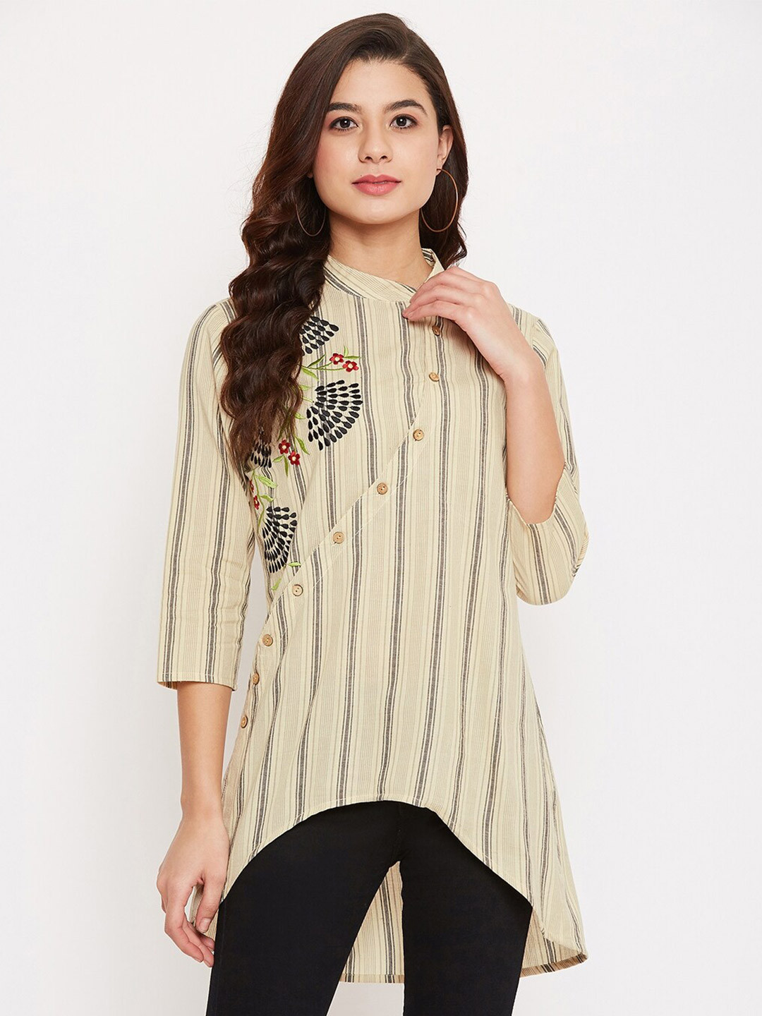 Ruhaans Mandarin Collar Vertical Striped Embroidered Longline Cotton A-Line Top